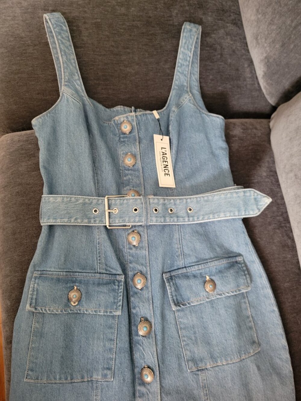 NWT L'AGENCE Denim "Midy" Belted Sleeveless Mini Dress Pockets Retail - Size 6 - Picture 12 of 15